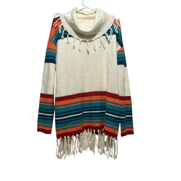 Panhandle Aztec Stripes Fringe Sweater Women XL Cowl Neck Western Bohemian Rodeo - Picture 13 of 15